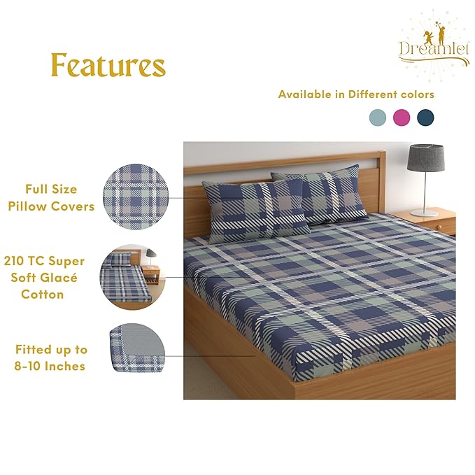 Dreamlet All Around Elastic Supersoft 210tc Premium Cotton Elastic Fitted Bedsheets With 2 King Size Pillow Covers | Blue and White
