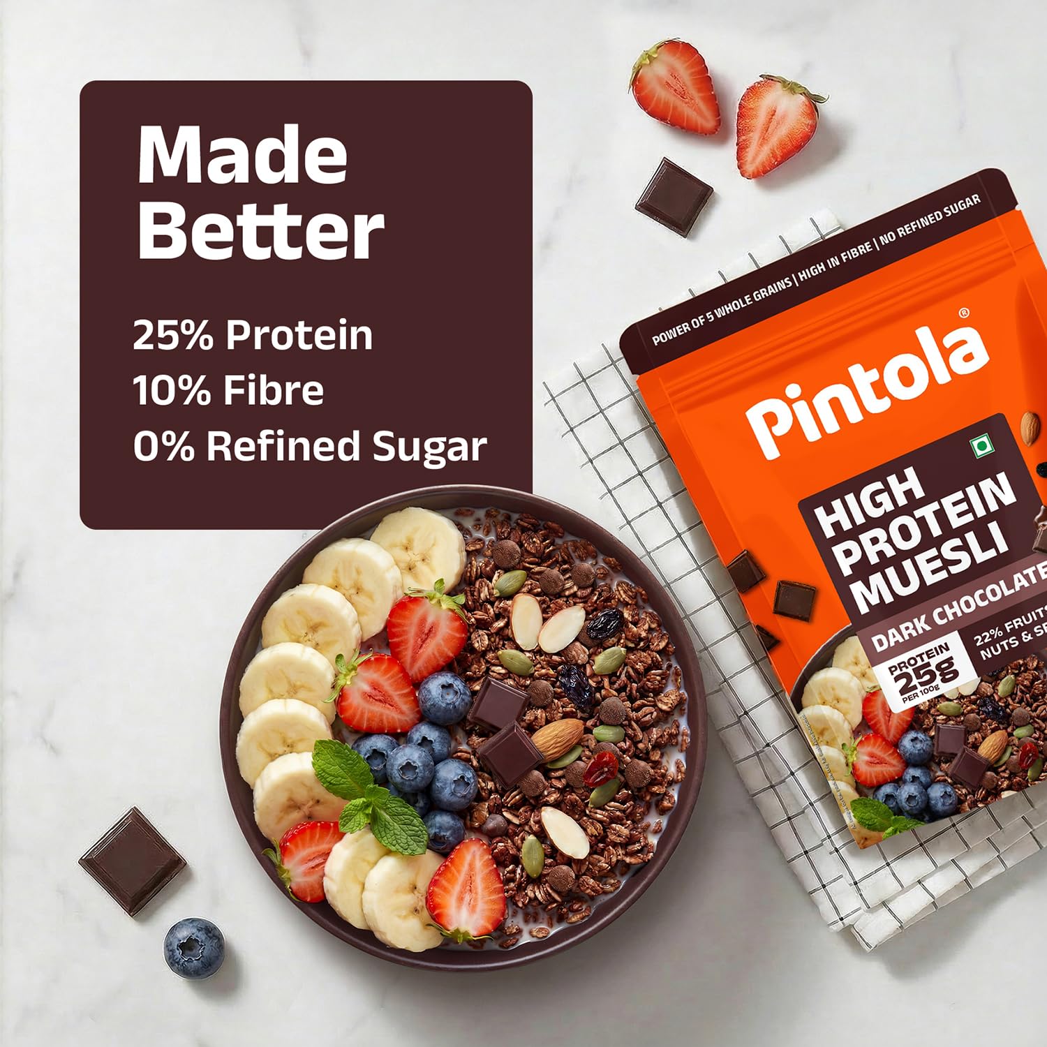 Pintola 25g High Protein Dark Chocolate & Cranberry Muesli 1kg, No Refined Sugar, Trans Fat Free, High Fibre, Gluten-Free, Breakfast Cereal