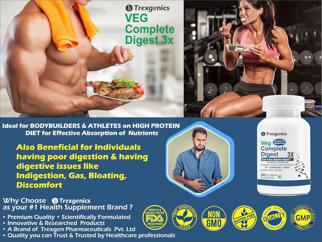 Trexgenics VEG COMPLETE DIGEST 3X, 100% Vegetarian Triple Action Digestive Support for Fat, Carbohydrates & Protein with 14 Enzymes, Ginger and Betaine HCL (30 Veg. Capsules) (Pack of 1)