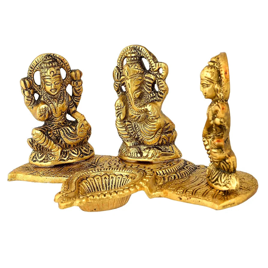 CraftVatika Laxmi Ganesh Saraswati Metal Murti Idol with Diya Showpiece Golden Pooja