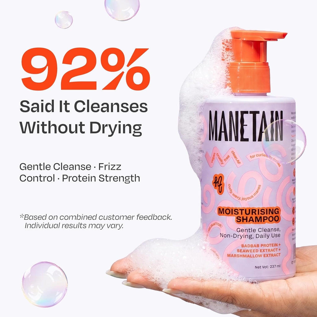 MANETAIN Moisturising Shampoo 237ml for Curly, Dry & Frizzy Hair | Sulphate & Paraben Free | Hydrates & Strengthens with Baobab Protein, Seaweed & Marshmallow Extract | CG-Friendly, Gentle Cleanser for Soft, Defined Curls
