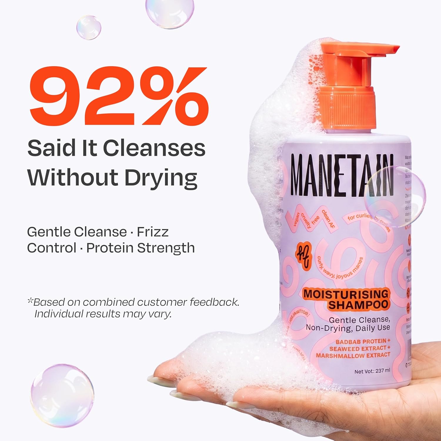 MANETAIN Moisturising Shampoo 237ml for Curly, Dry & Frizzy Hair | Sulphate & Paraben Free | Hydrates & Strengthens with Baobab Protein, Seaweed & Marshmallow Extract | CG-Friendly, Gentle Cleanser for Soft, Defined Curls