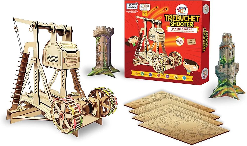 Genius Box Trebuchet Shooter DIY STEM Educational Toy and Construction Based Activity Game kit for Kids 8 to 14, Best Science Project kit Gift for Boys & Girls.