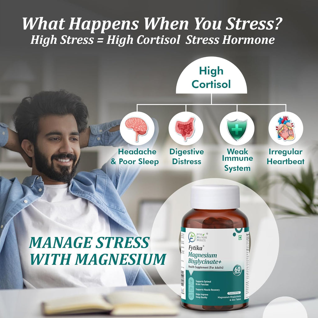FYTIKA Magnesium Bisglycinate + | High Absorption Chelated Form| For Better Sleep, Stress Management, Muscle Recovery & Enhanced Workout | With Magnesium glycinate(as Bisglycinate) & Zinc | For Men & Women (PACK OF 1 â€“ 60 TABS)