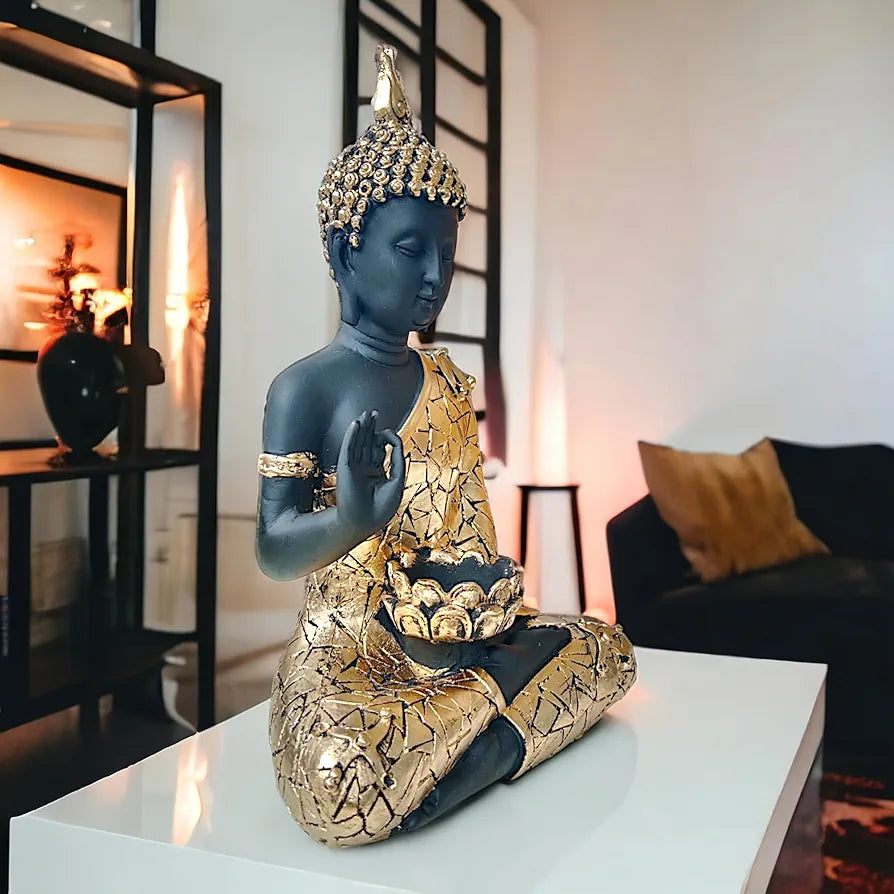 Neelaya Meditating Buddha Statue With Tealight Candle Holder Polyresin Showpiece 28 Cm Black Gold