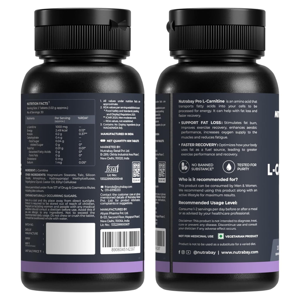 Nutrabay Pro L-Carnitine Fat Burner 1000mg per Capsule â€“ Pre Workout Supplement â€“ 60 Veg Tablets| Tested for Purity | 100% Authentic Metabolism Booster for Weight Loss Support