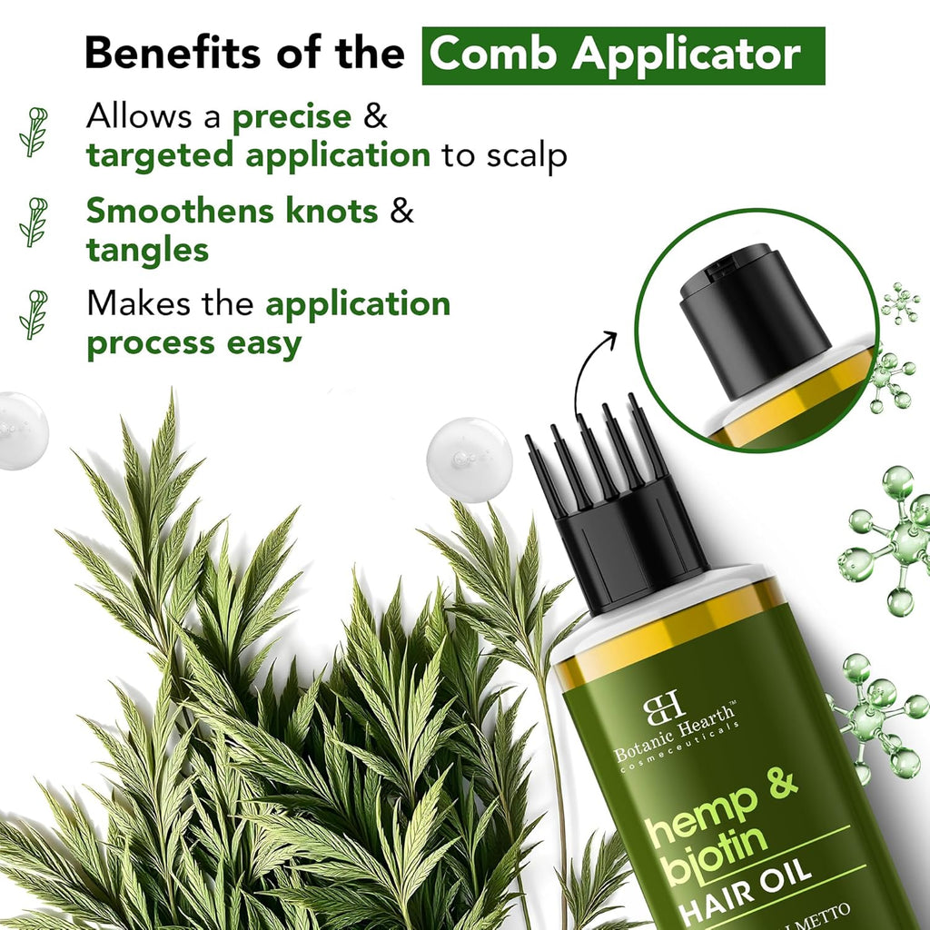 Botanic Hearth Hemp & Biotin Hair Oil for Hair Growth & Strength with Saw Palmetto – 150ml, Non-Sticky & Fast-Absorbing – 100% Natural Oils for Healthy Scalp & Hair – with Hair Oil Applicator