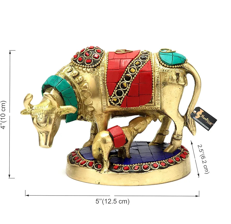 Two Moustaches Gemstone Work 5.5 Inches Kamdhenu Cow Brass Showpiece