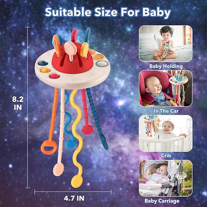 Kidology Montessori Teething Toy Set for Toddlers Food-Grade Pull String UFO Red