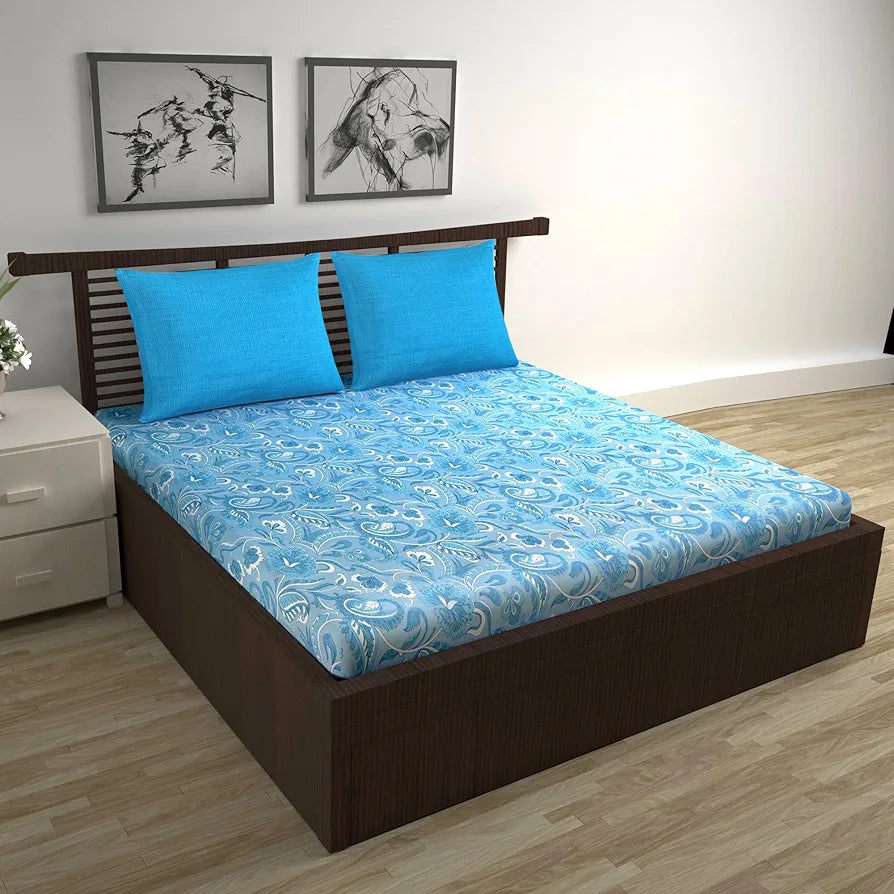 Divine Casa 144 TC Pure Cotton Double Size Bedsheet with 2 Pillow Covers Floral Paisley Colour White Aqua Blue