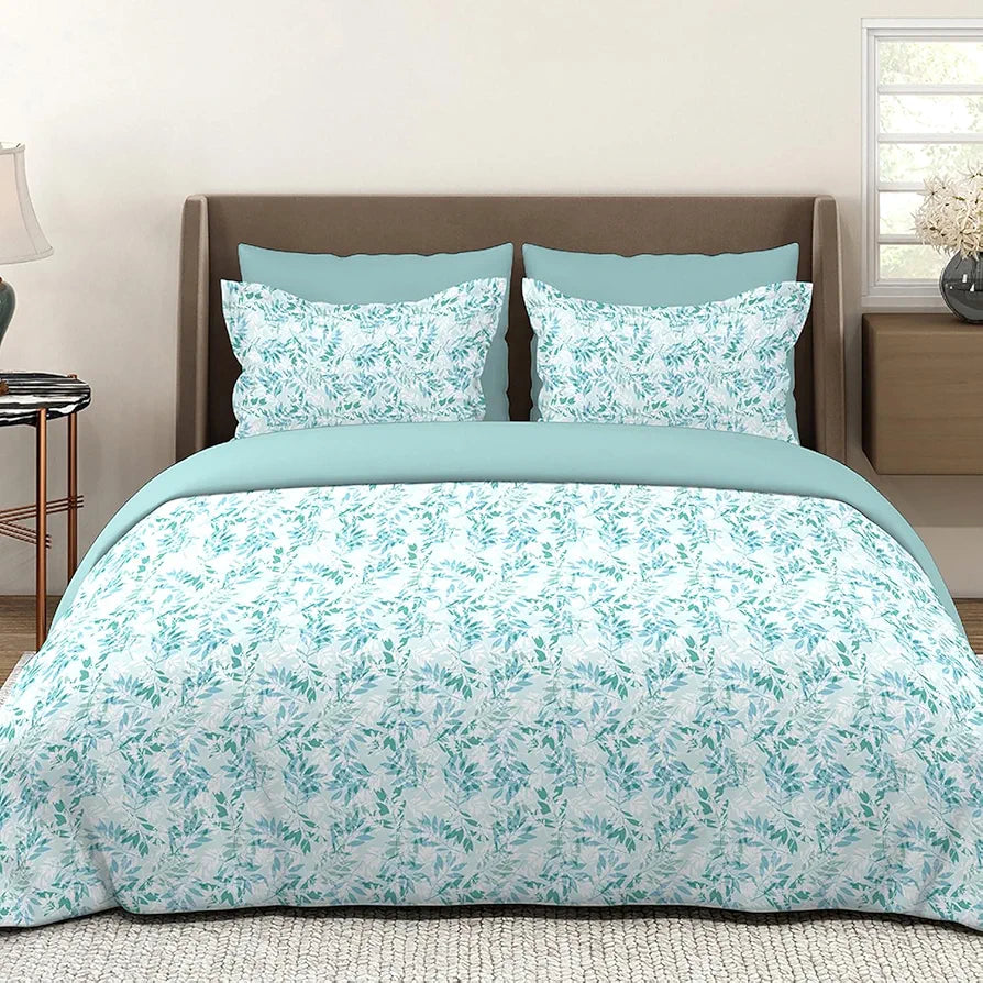 Layers Lumina Floret Cotton Bedsheet Set for All Seasons Lightweight 144 TC Queen Size Aqua