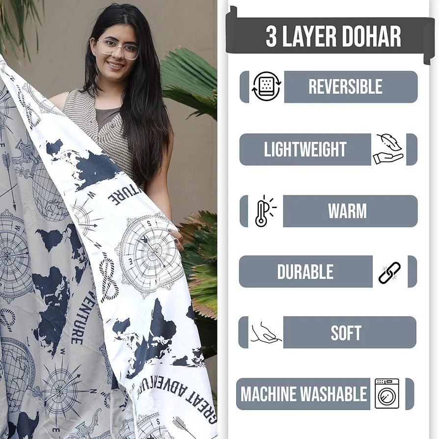 Divine Casa 120 GSM Microfiber Single Kids Dohar  Soft & Lightweight Throw Blanket Geographic Pattern Colour Stonewash Grey