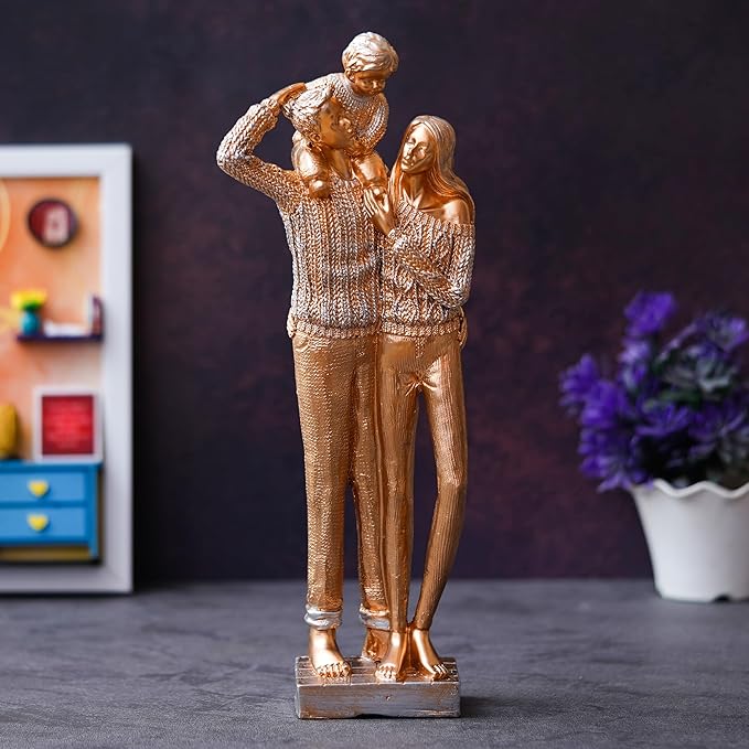 Ecraftindia Golden Beloved Family of Husband, Wife, and Kid on Father's Shoulder Human Figurines Decorative Showpiece