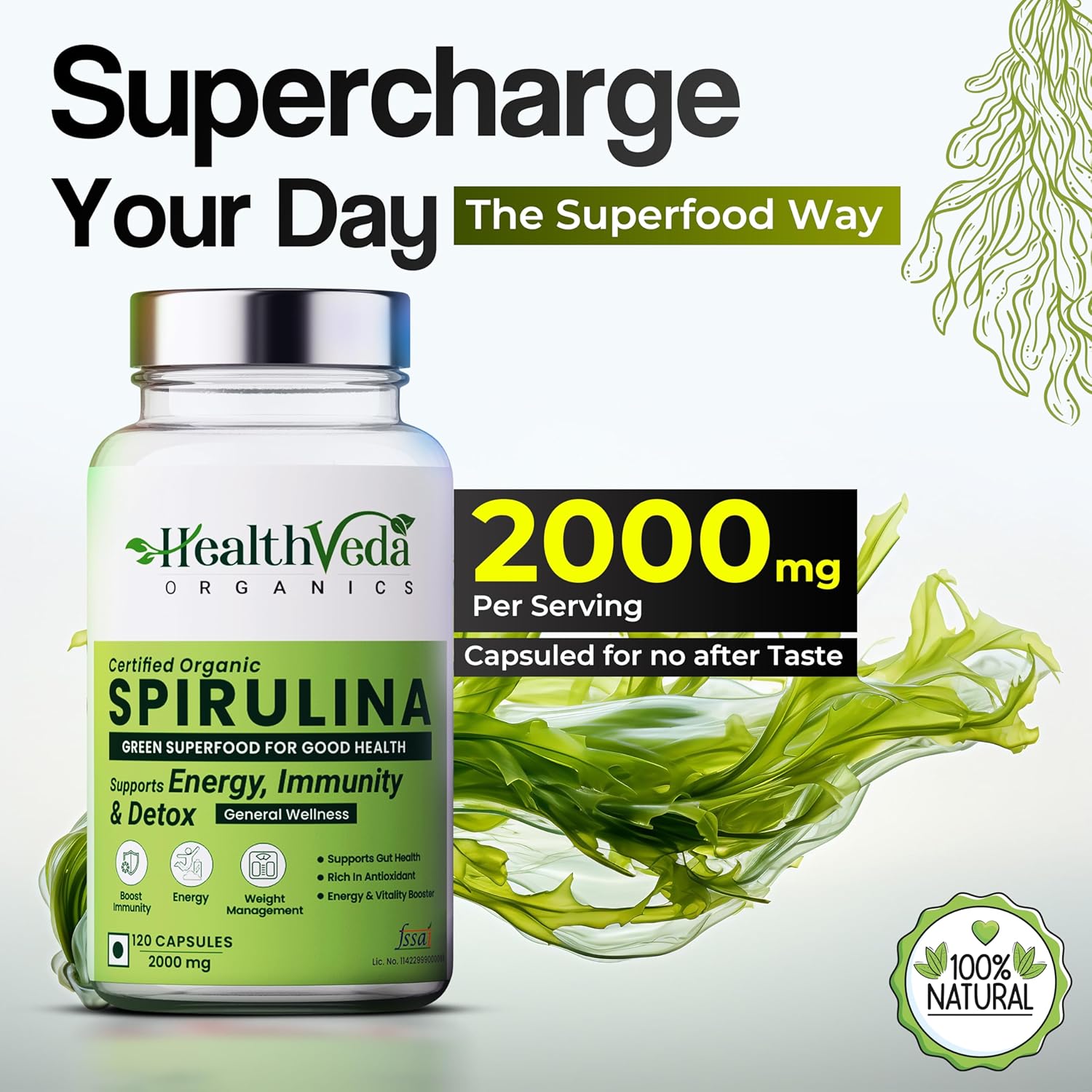 HEALTH VEDA ORGANICS PRIVATE LIMITED Plant Based Spirulina, 2000 mg | 120 Veg Capsules I Supports Weight Management & Boosts Immunity | For both Men & Women