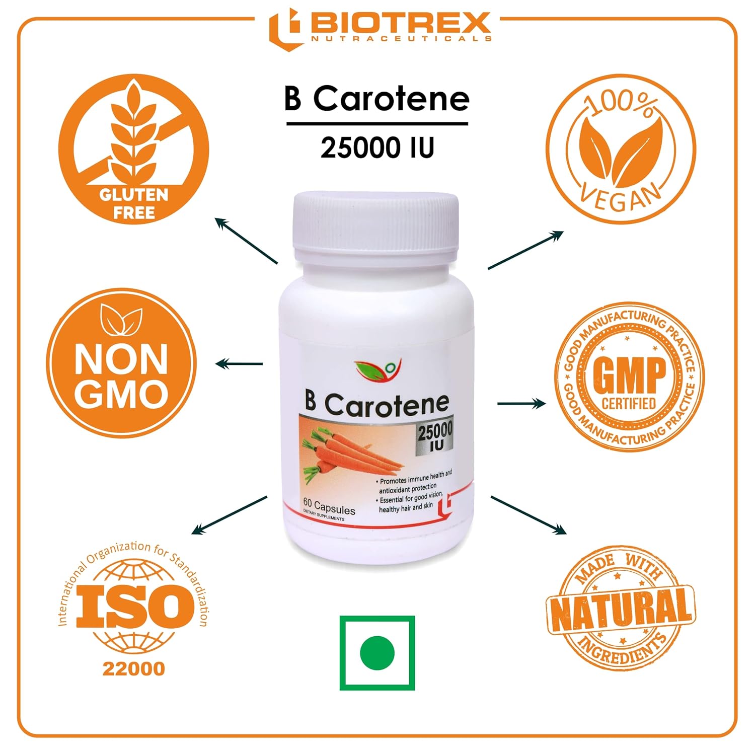 Biotrex Beta Carotene 25000IU - Essential for good vision, healthy hair and skin (60 Capsules), nutritional supplement, multivitamins, vitamin capsules, for men, women and adults, health supplements,