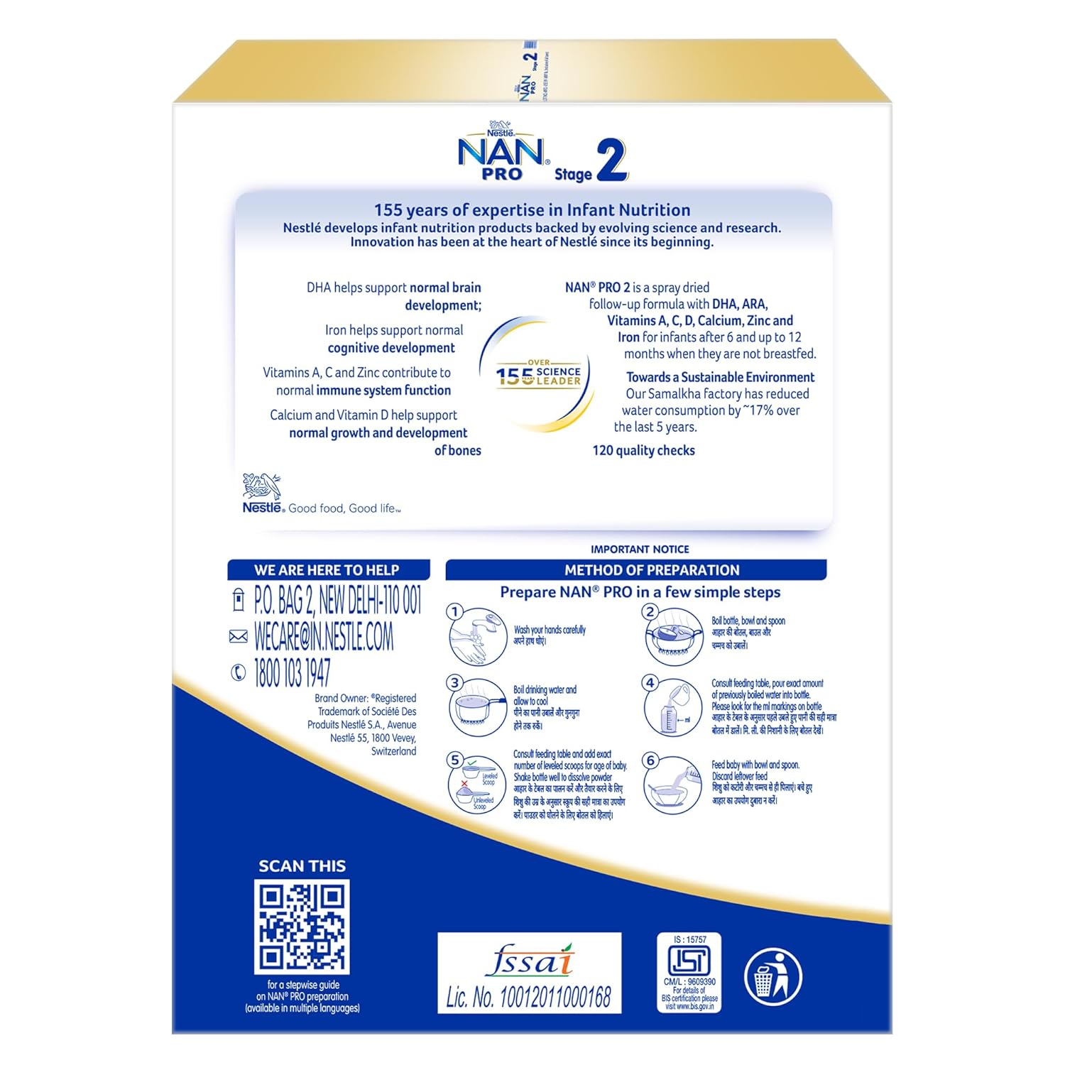 Nestlé NAN PRO Stage 2, 1.2kg, Follow-Up Formula Milk Powder for Babies (After 6 Months Upto 12 Months), with DHA-ARA, 3x400g Pouch in Box