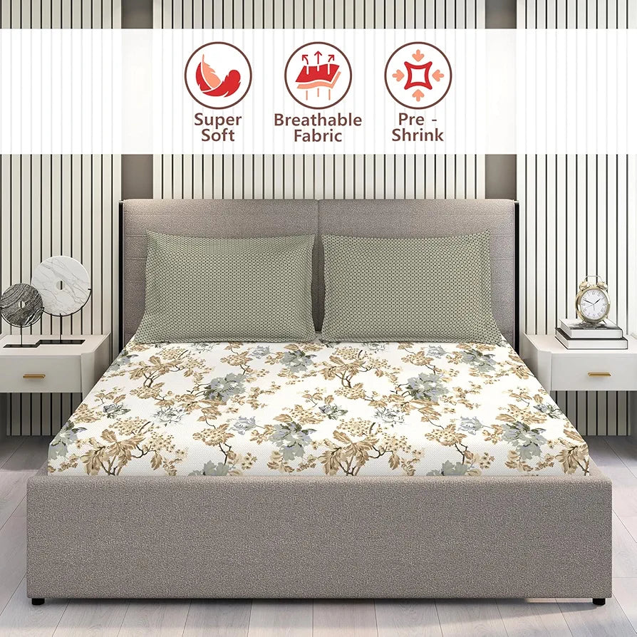 Layers Illuminating Homes Cotton Bedsheet Set for All Seasons Lightweight 144 TC Queen Size Brown Grey Floral