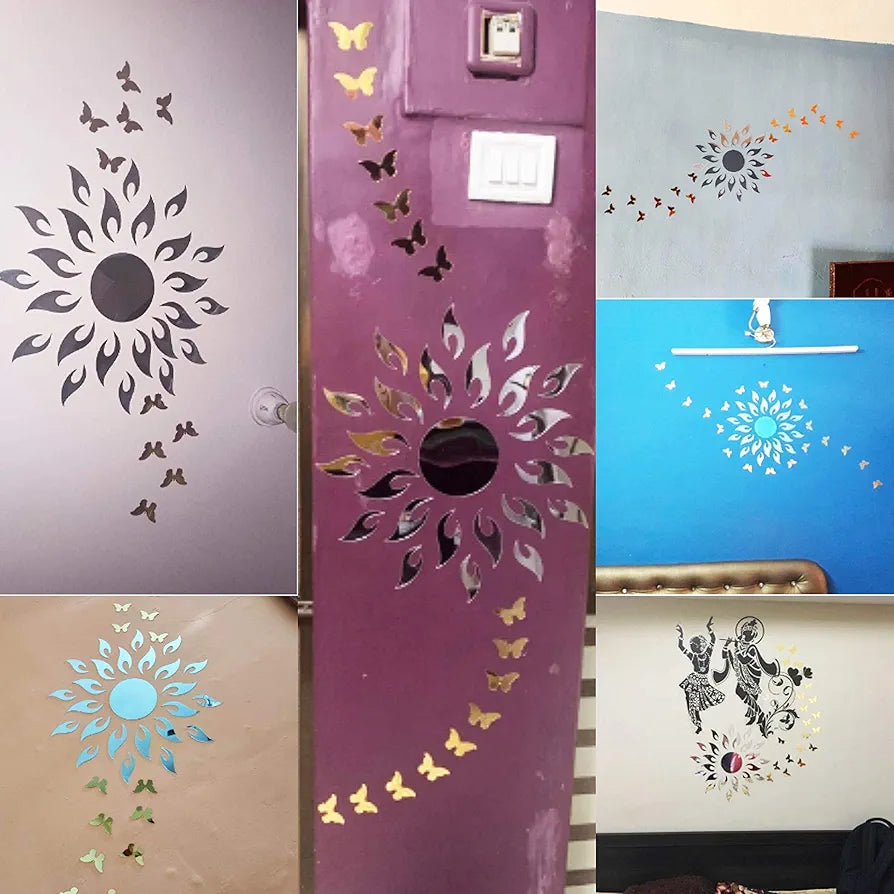 Bikri Kendra Golden Sun with Silver Butterfly Decorative Mirror Stickers for Wall Wall Mirror Stickers 3D Acrylic