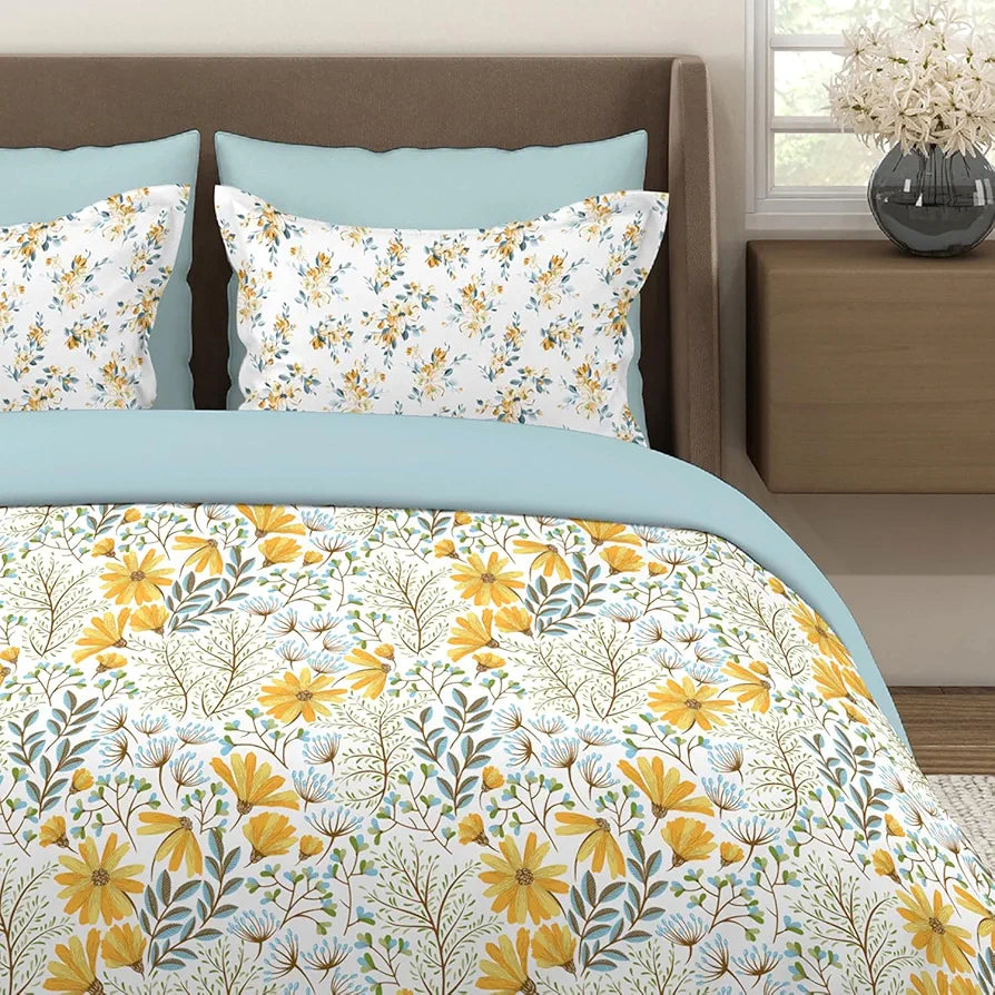 Layers Illuminating Homes Cotton Bedsheet Set for All Seasons Lightweight 144 TC Queen Size Yellow Floral