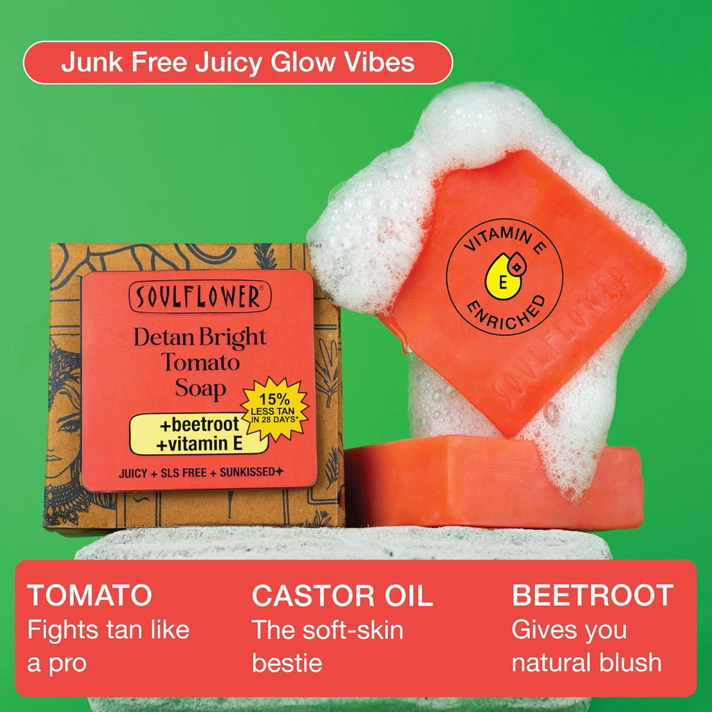 Soulflower Tomato Soap, Tan Removal from Every Ghar, Cleansing, Moisturizer, Magic Wash for Face, Body with Watermelon, Beetroot, Vitamin E | 100% Natural, Handmade for All Skin Types, 100g