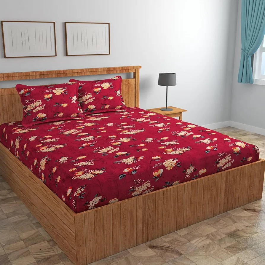 Homefab India 160 TC Glace Cotton Double BedSheet with 2 Pillow Covers Maroon Floral