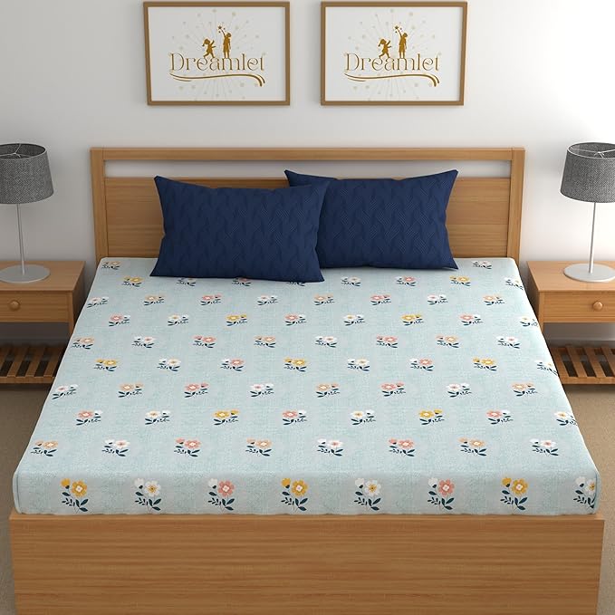 Dreamlet All Around Elastic Supersoft 210TC Premium Cotton Elastic Fitted Bedsheets With 2 King Size Pillow Covers | Sky Blue
