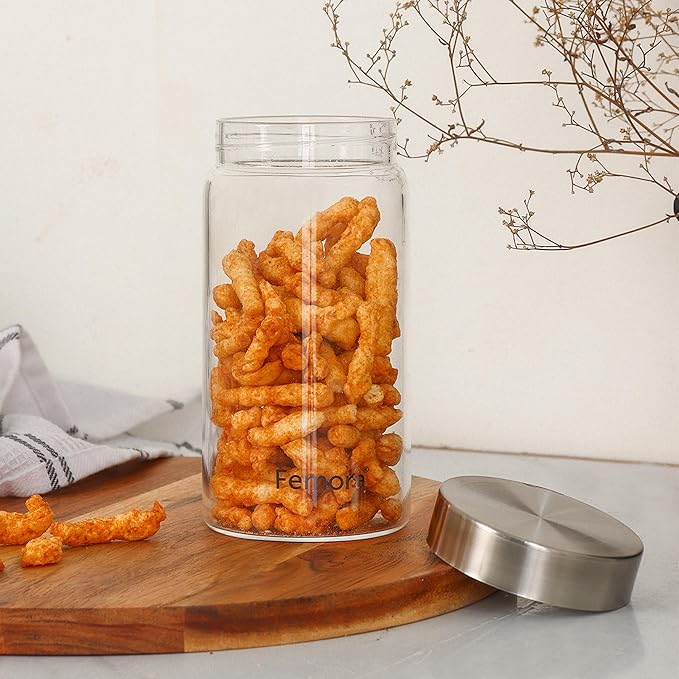 Femora Kitchen Storage Jars Borosilicate Glass With Steel Lid Air Tight Jar | 750 Ml | Pack of 2