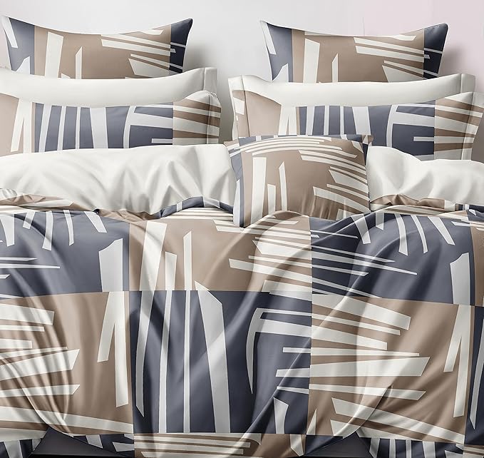 Cortina 140 Tc 100% Microfiber Printed Double Bedsheet Set With Two Pillow Case | 90x100 Inches | Grey/brown | Striped