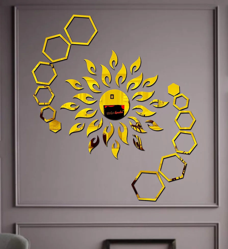 Bikri Kendra Art BK71 Sun with Hexagon Ring 2 Set 3D Acrylic Mirror Stickers for Wall Gold