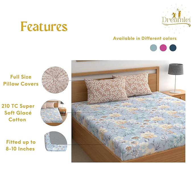 Dreamlet All Around Elastic Supersoft 210tc Premium Cotton Elastic Fitted Bedsheets With 2 King Size Pillow Covers | Blue