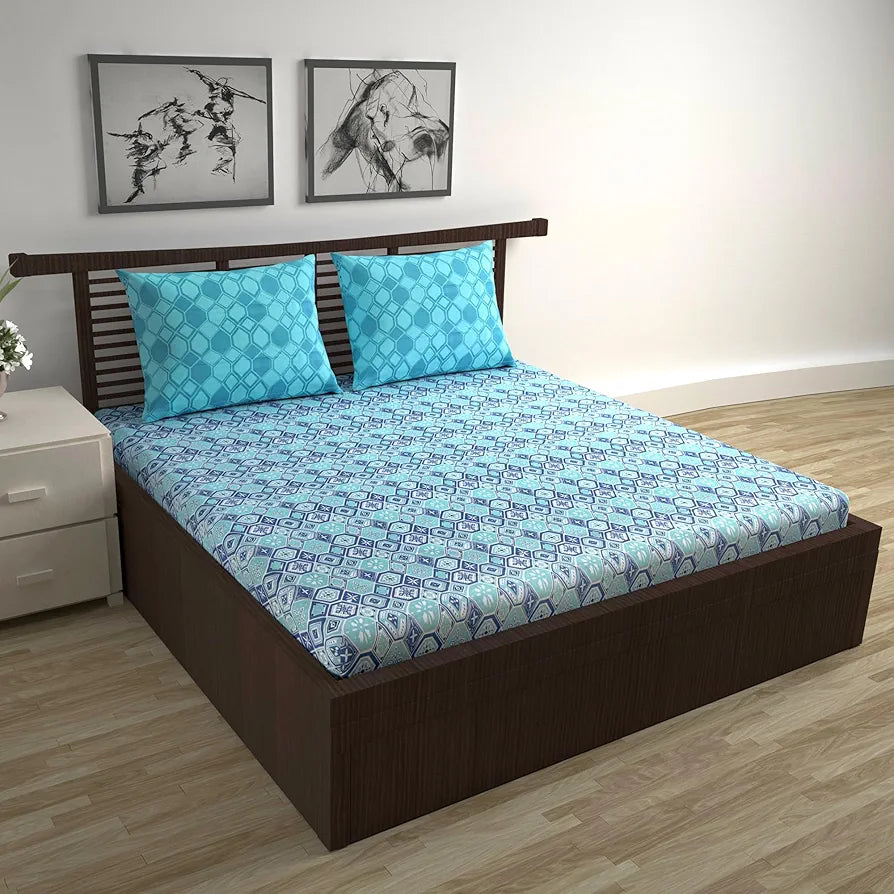 Divine Casa 144 TC 100% Pure Cotton Double Bedsheet with 2 Pillow Covers Geo Nordic Hexa Colour Ice Aqua Blue