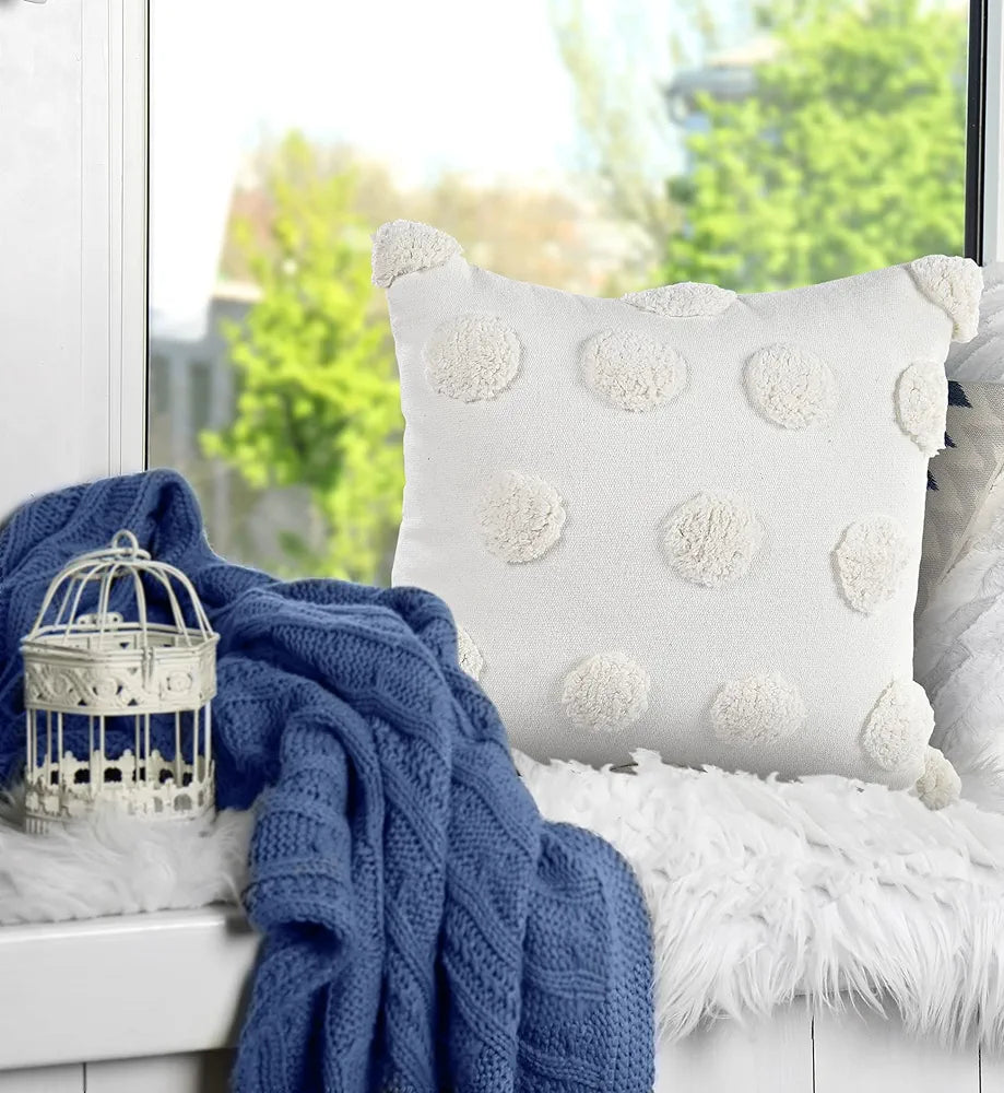 Sashaa World Cotton Tufted Dots Cushion Cover Colour White