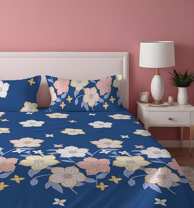 Dreamlet Presents Luxurious Supersoft Cotton Feel 210tc King Size Elastic Fitted Double Bedsheets With 2 Pillow Covers Color | Blue