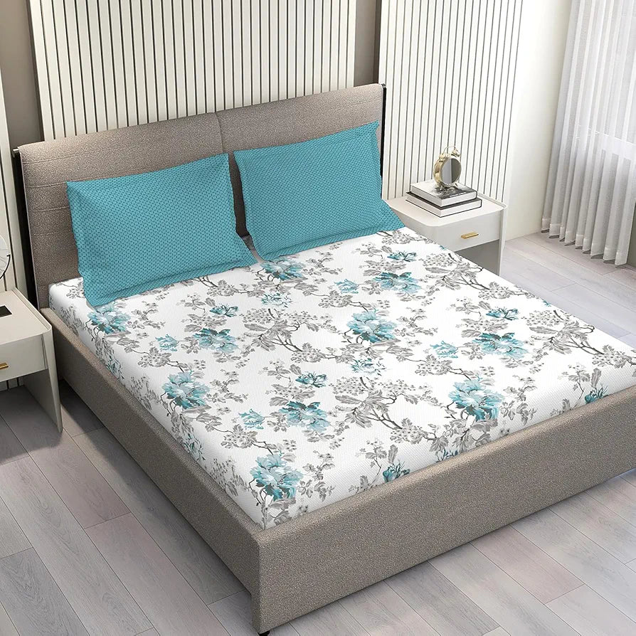 Layers Tivoli Cotton Bedsheet Set for All Seasons Lightweight 104 TC Queen Size Beige/Blue Color