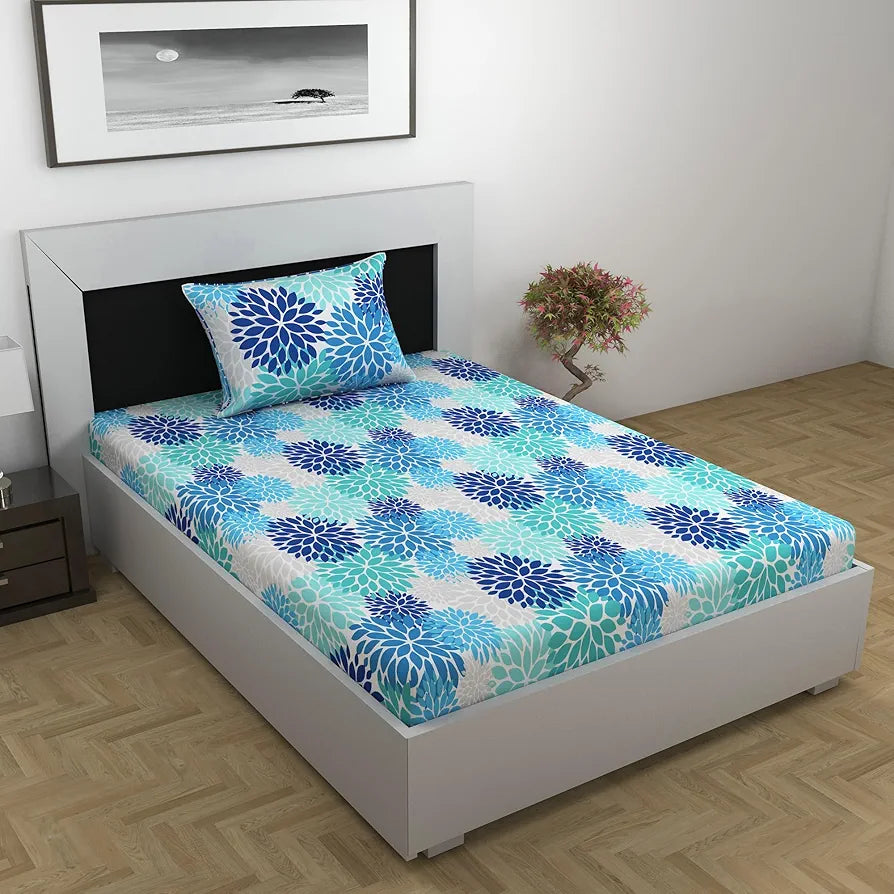 Divine Casa Bedsheet for Single Size Bed | 144 TC | Cotton Bedsheet for Single Size Bed with 1 Pillow Cover  Floral Colour Galaxy Blue