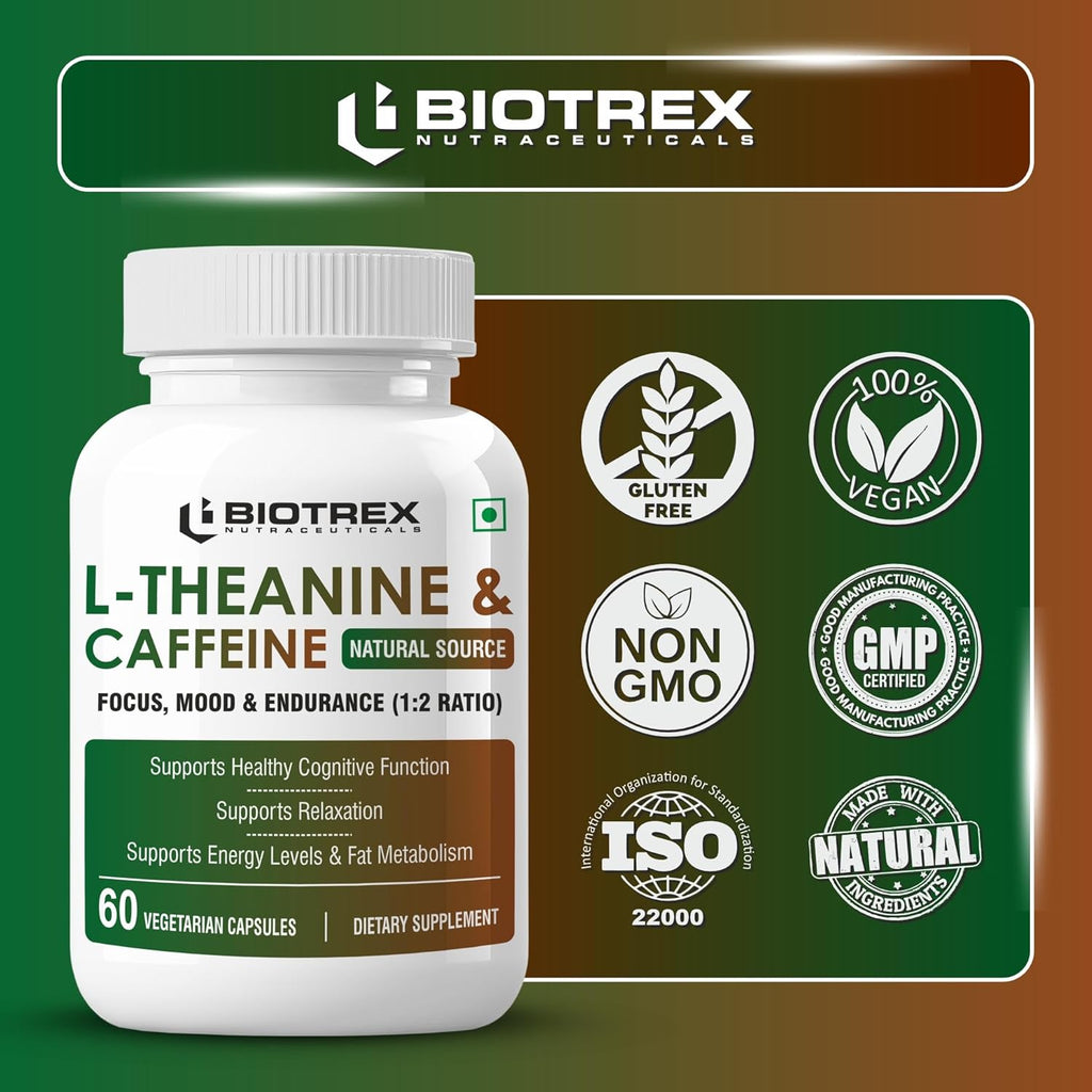 Biotrex Nutraceuticals L-Theanine 200mg Caffeine 100mg Supplement helps to improve Excercise Performance & supports Energy Management - 60 Veg Capsules