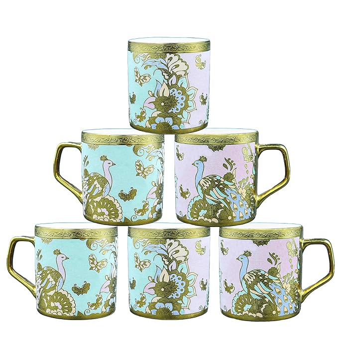 Femora Bone China Gloden Tea Cup | Butterfly & Peacock | 160 Ml | Peach