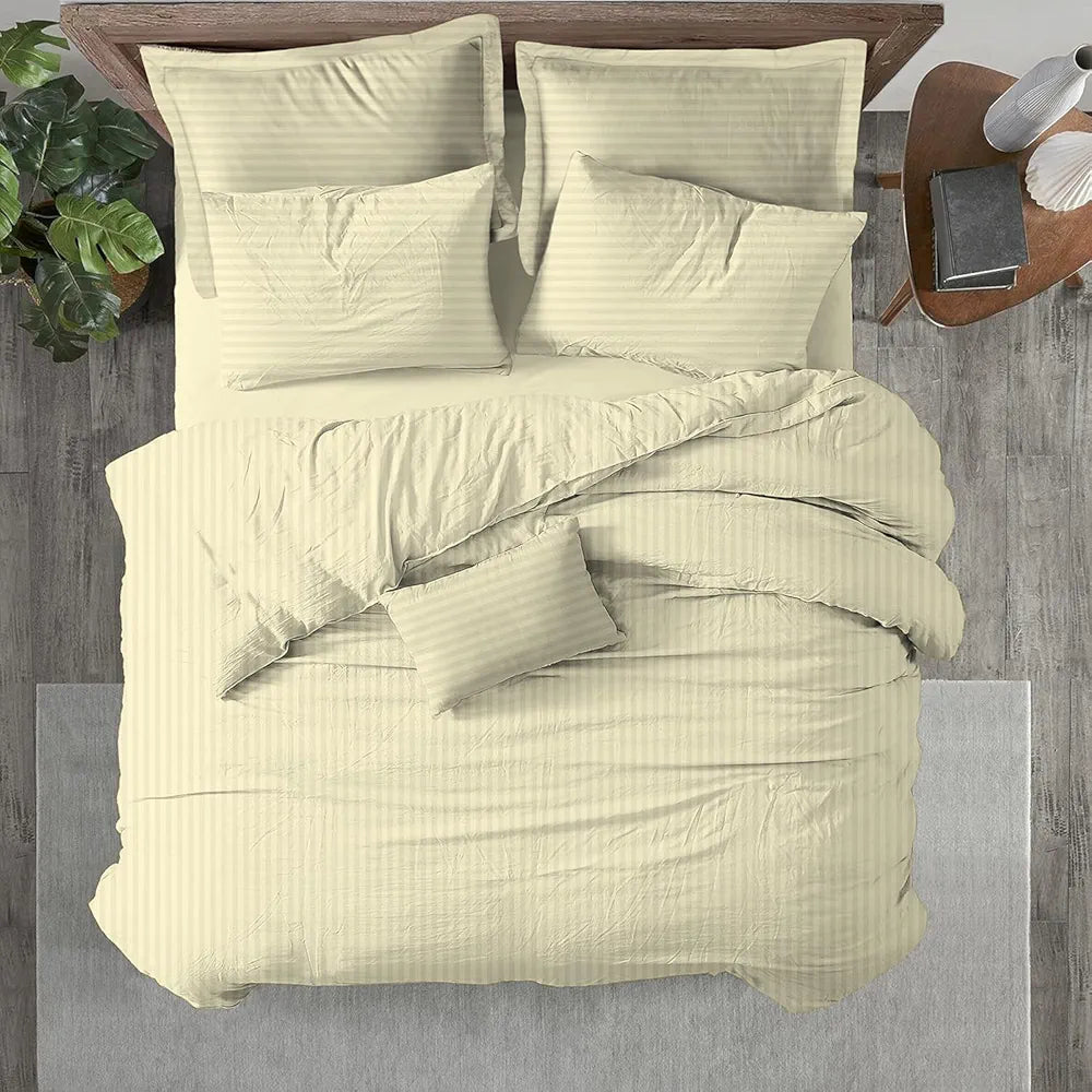Trance Home Linen Zippered 100% Cotton 200 TC Satin Stripe Queen Duvet Cover Quilt Cover with 2 Pillow CoversIvory Colour Cream