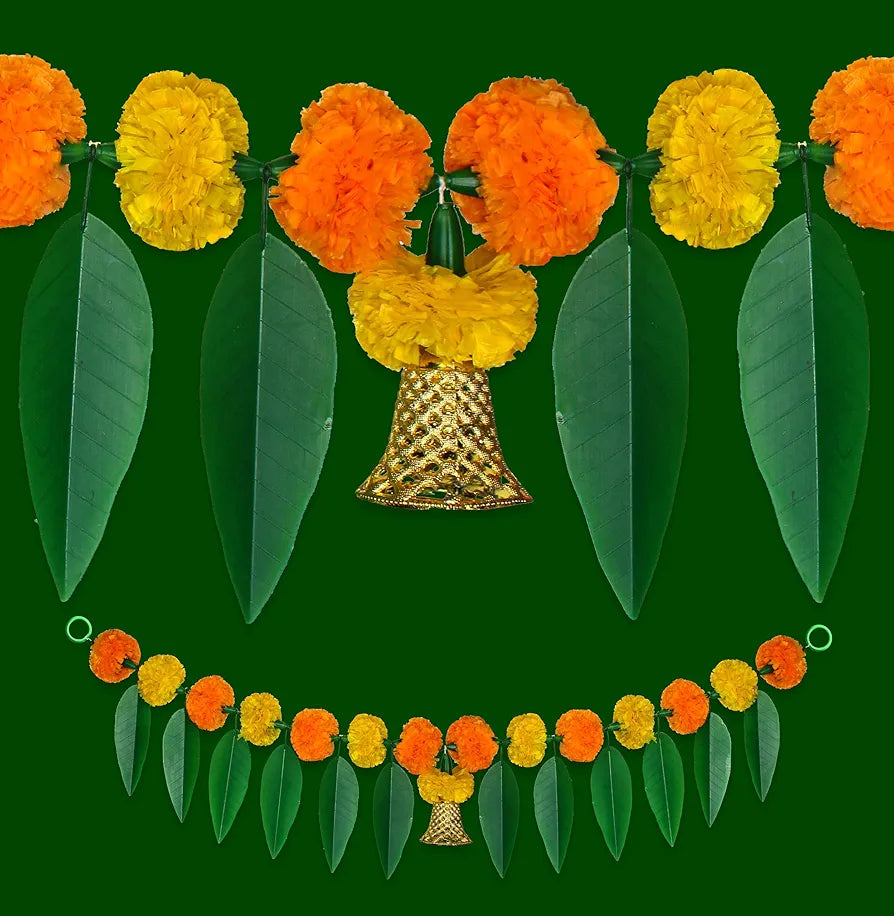 Artificial Marigold Bandanwar Pack of 4 with Mango Leaves and Bells 40 Inch Yellow and Mango
