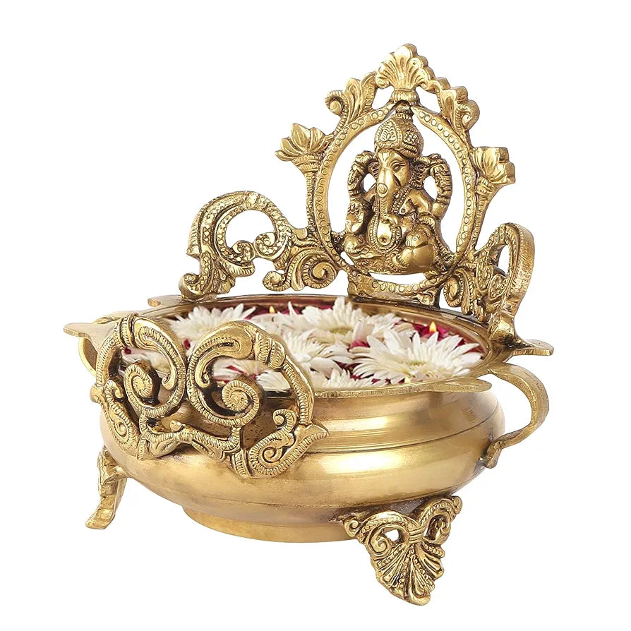 Two Moustaches Brass Ethnic Carved Ganesha Design 7 Inches Brass Urli Decor Bowl Golden Brass