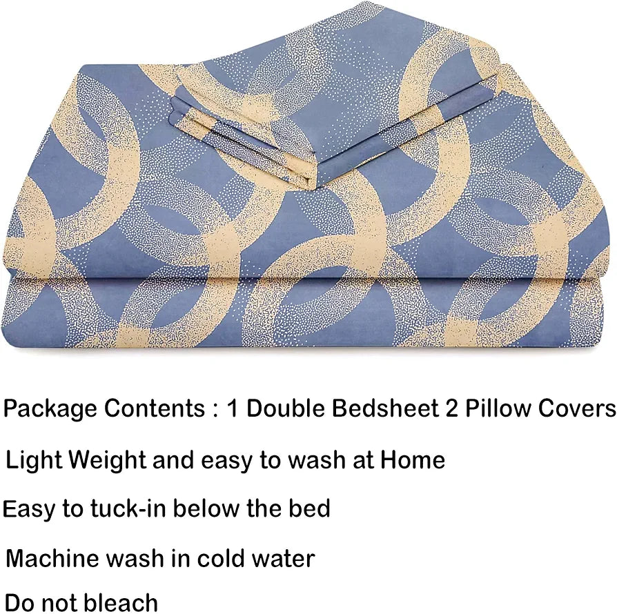 Homekart Cotton Elastic Fitted Printed Bedsheets with 2 King Size Pillow Covers Double Bed Weaves Print Silver and Beige - 220 tc