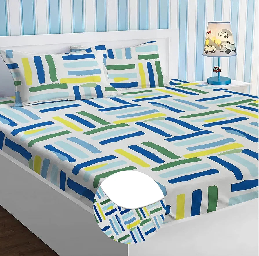 Homekart Premium Cotton Elastic Fitted Bedsheets with 2 King Size Pillow Covers Double Bed Stick Print White Green 200 tc - 220 tc
