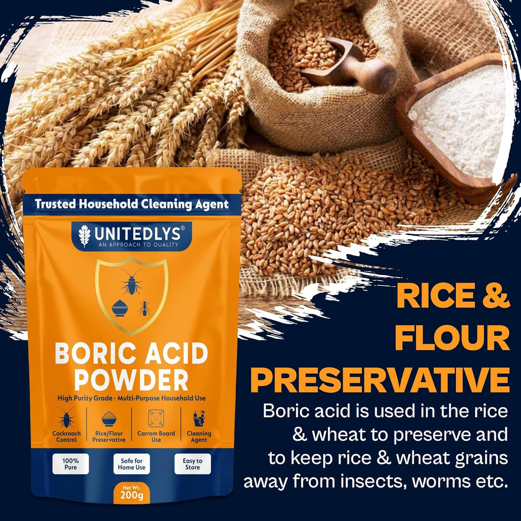 Unitedlys 200g Boric Acid Powder for Cockroaches Control | Multi Purpose Cleaner Powder for Household Cleaning, Carrom Board Use & Rice Storage Protection | Effective & Safe Stain Remover for Kitchen