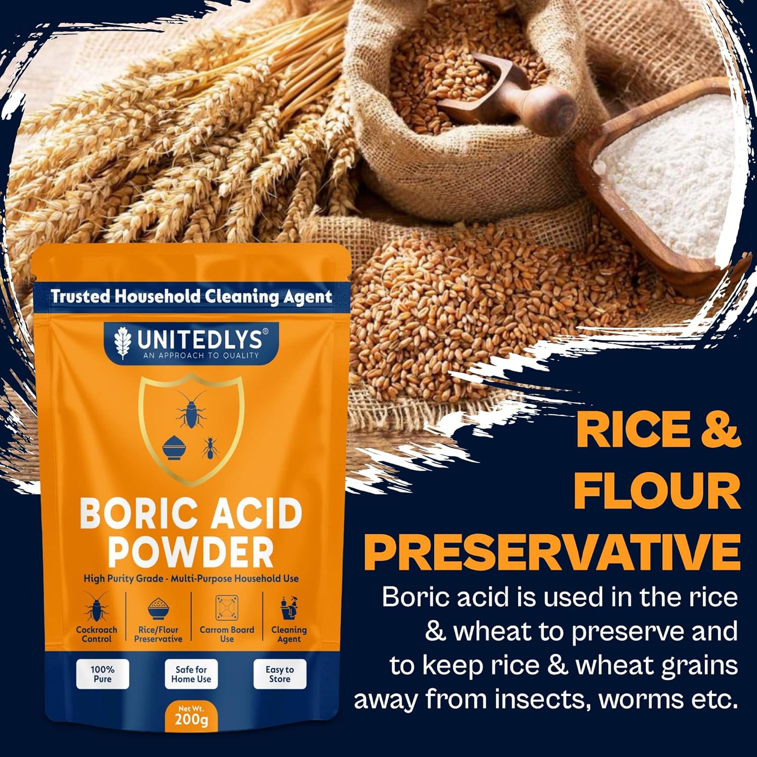 Unitedlys 200g Boric Acid Powder for Cockroaches Control | Multi Purpose Cleaner Powder for Household Cleaning, Carrom Board Use & Rice Storage Protection | Effective & Safe Stain Remover for Kitchen