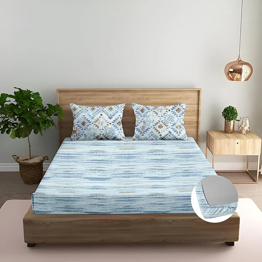 Trance Home Linen 100% Cotton 180 TC Bedsheet Queen Size Printed Fitted Bedspread with 2 Pillow Covers Colour Dhariya Blue
