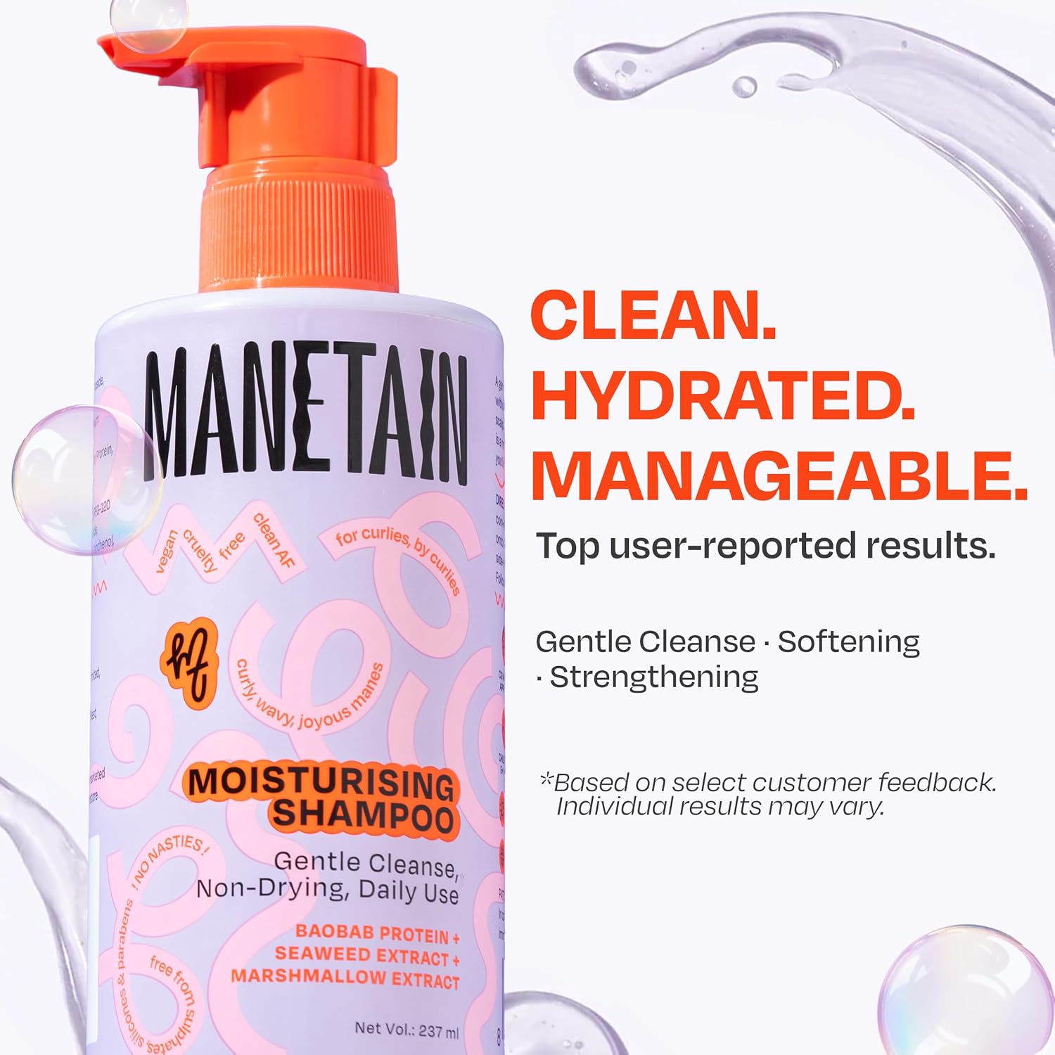 MANETAIN Moisturising Shampoo 237ml for Curly, Dry & Frizzy Hair | Sulphate & Paraben Free | Hydrates & Strengthens with Baobab Protein, Seaweed & Marshmallow Extract | CG-Friendly, Gentle Cleanser for Soft, Defined Curls