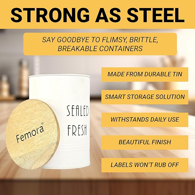 Femora Kitchen Storage Jars Tin Jar With Wooden Lid Air Tight Jar | 900 Ml | Set of 4