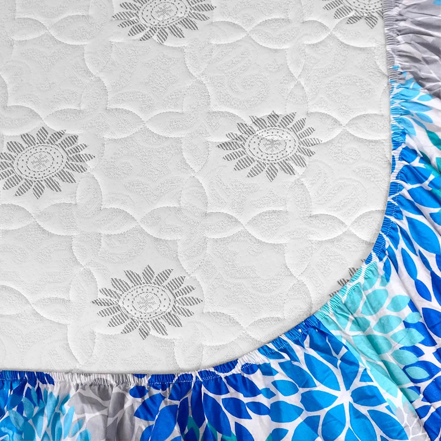 Divine Casa 144 TC Cotton Flower Print Queen Size Double Bed Elastic Fitted Bedsheet with 2 Pillow Cover Colour Dusk Blue