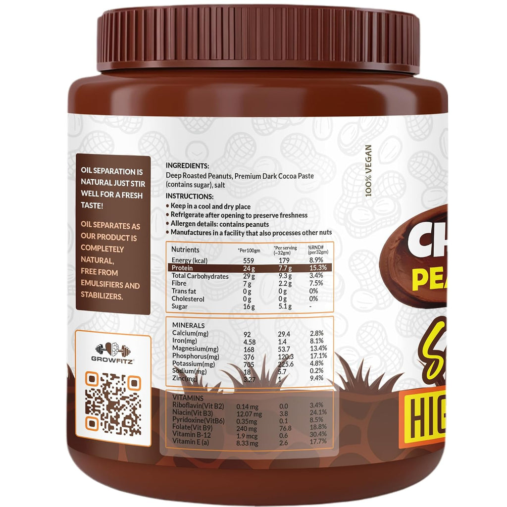 Growfitz Peanut Butter Chocolate Smooth 800g | 24g High Protein Peanut Butter | 7g Fiber | Tasty & Healthy Nut Butter Spread for Breakfast & Snacks | Roasted Peanuts | Zero Sugar (Pack of 1)