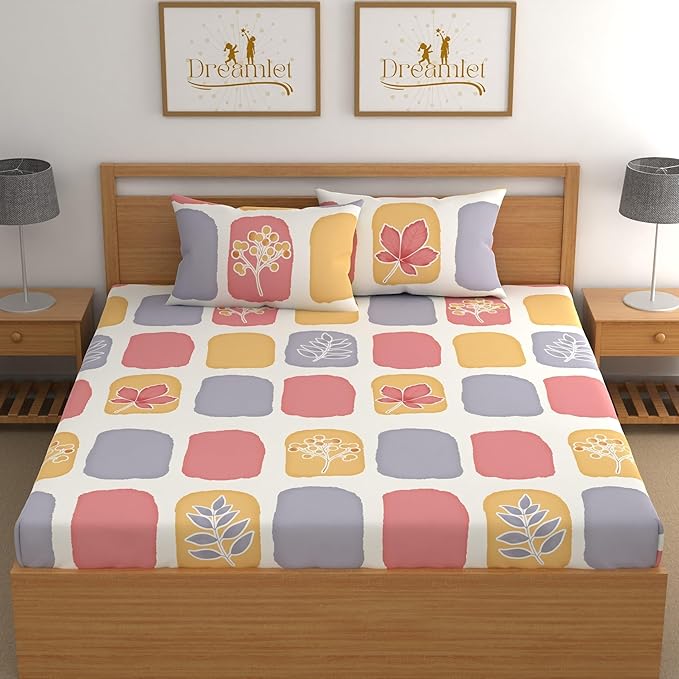 Dreamlet All Around Elastic Supersoft 210tc Premium Cotton Elastic Fitted Bedsheets With 2 King Size Pillow Covers | Yellow and Pink